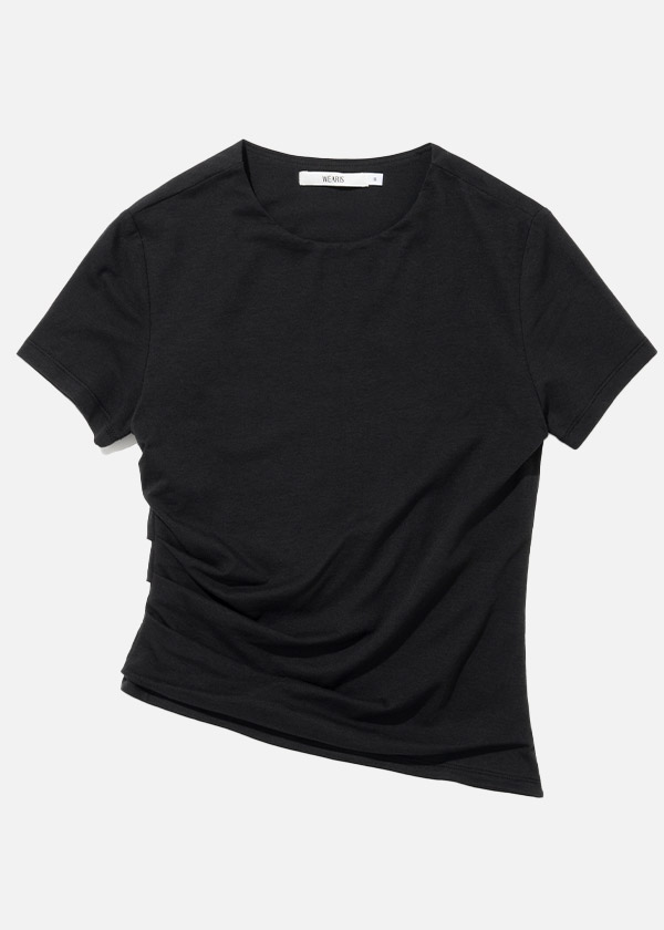 Unbalance Shirring Half T-Shirt_Black