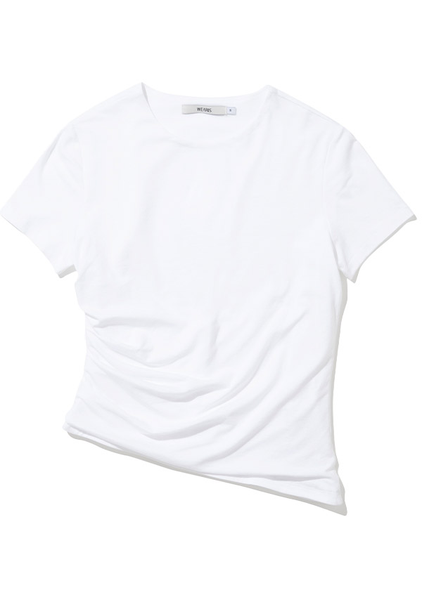 Unbalance Shirring Half T-Shirt_White